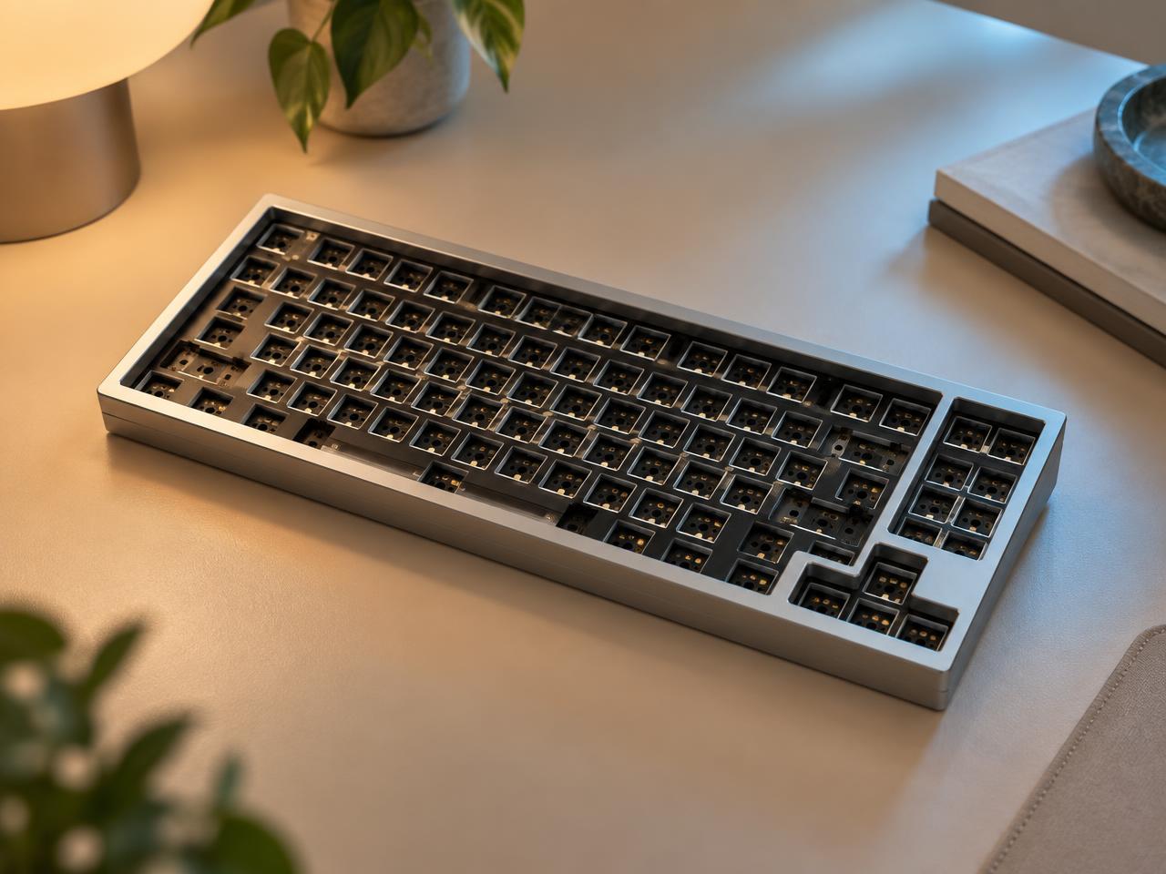A bare mechanical keyboard frame showing the plate and switch sockets